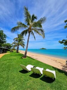 Montes Reef Resort Accommodation sun loungers beach view